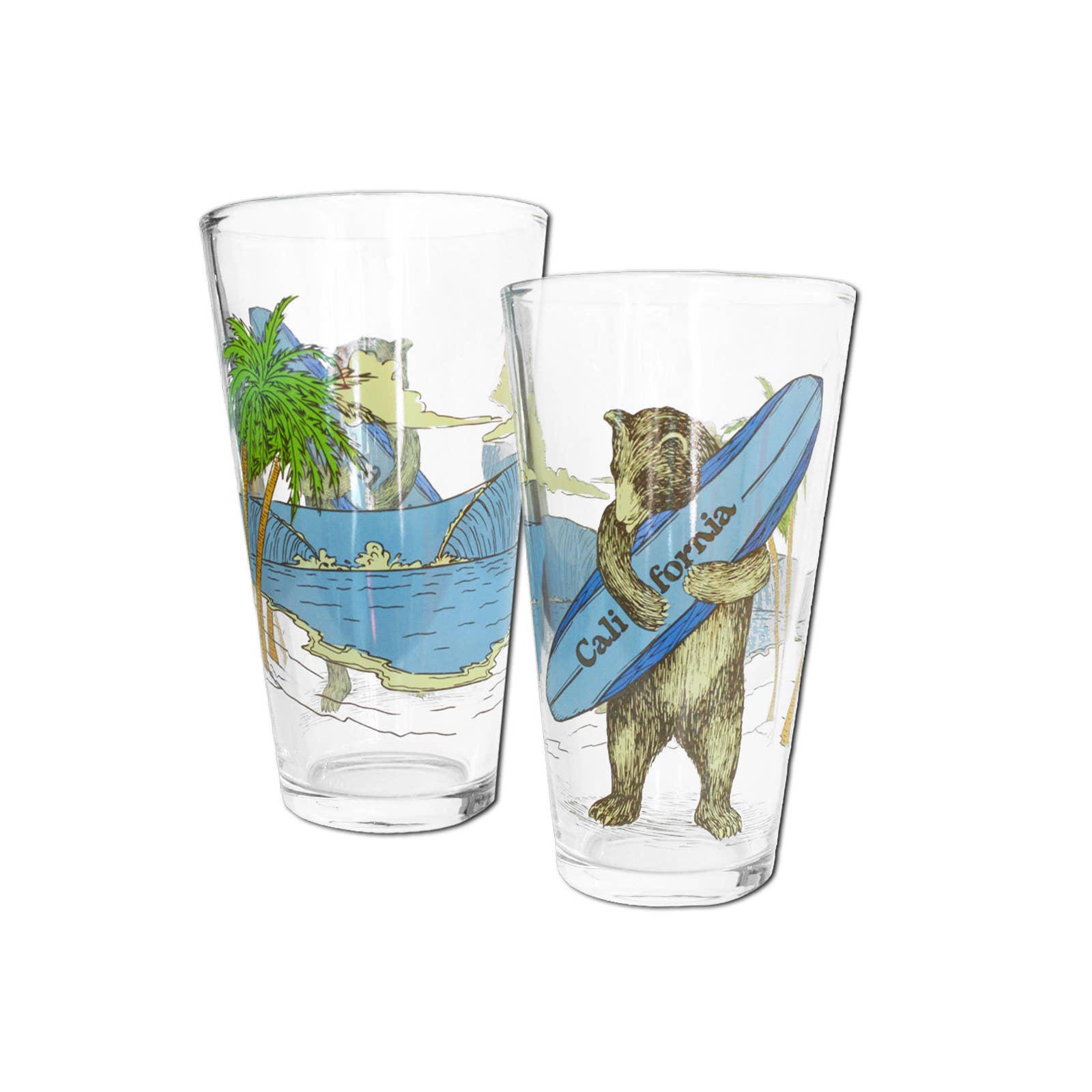 Surf Bear Pint Glass from SF Mercantile featuring a vibrant design of a bear holding a surfboard with California elements in the background, celebrating California's coastal charm.
