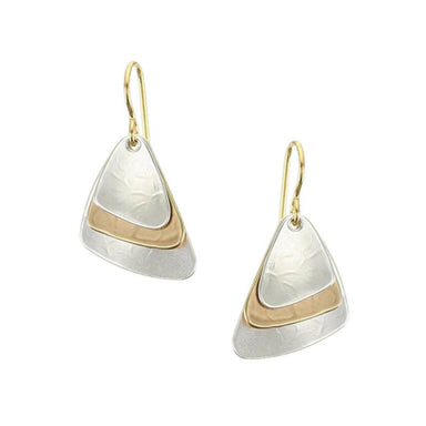 Small Layered and Dished Triangles Wire Earrings featuring a unique design with three rounded triangles in brass and silver, measuring 0.75 inches wide by 0.9 inches tall.
