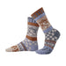 Colorful Cat Crew Socks by Solmate Socks featuring a unique pattern in sky blue, light gray, dark gray, and light brown. Sustainable socks made from recycled materials, perfect for pet lovers.