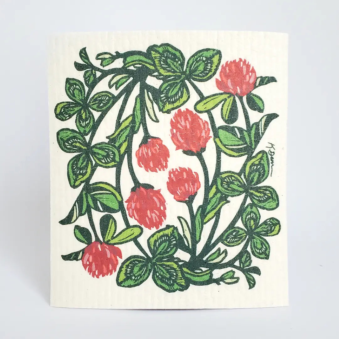 Little Green Swedish Dishcloths showcasing elegant original block print designs, eco-friendly and durable, made of 70% plant cellulose and 30% cotton.