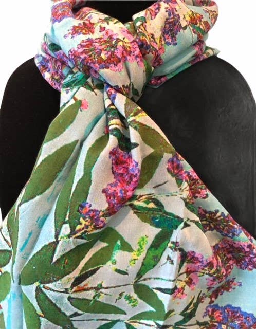 Purple Posies cotton scarf by Nina J, limited-edition wearable art inspired by nature