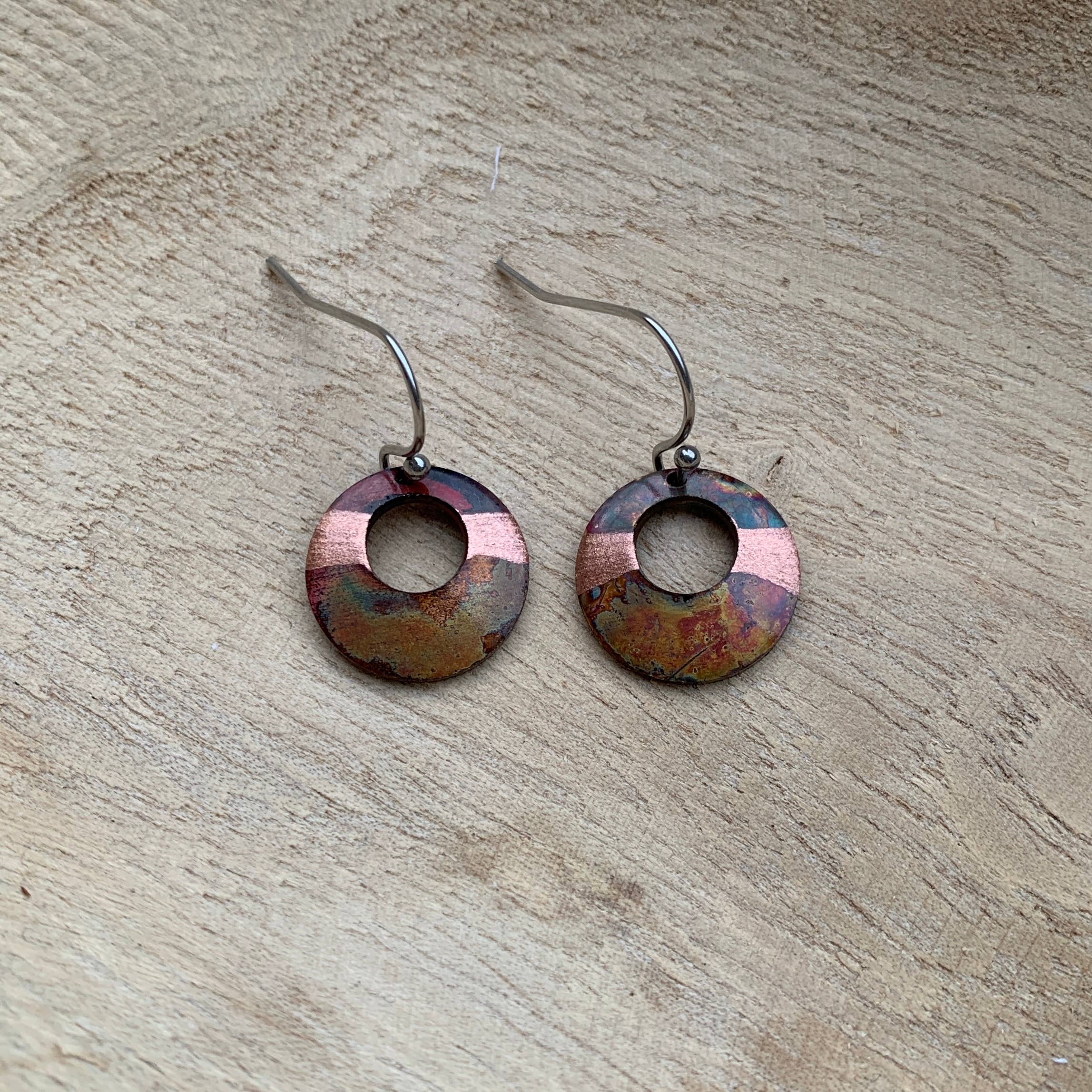 Small circle fire painted copper earrings