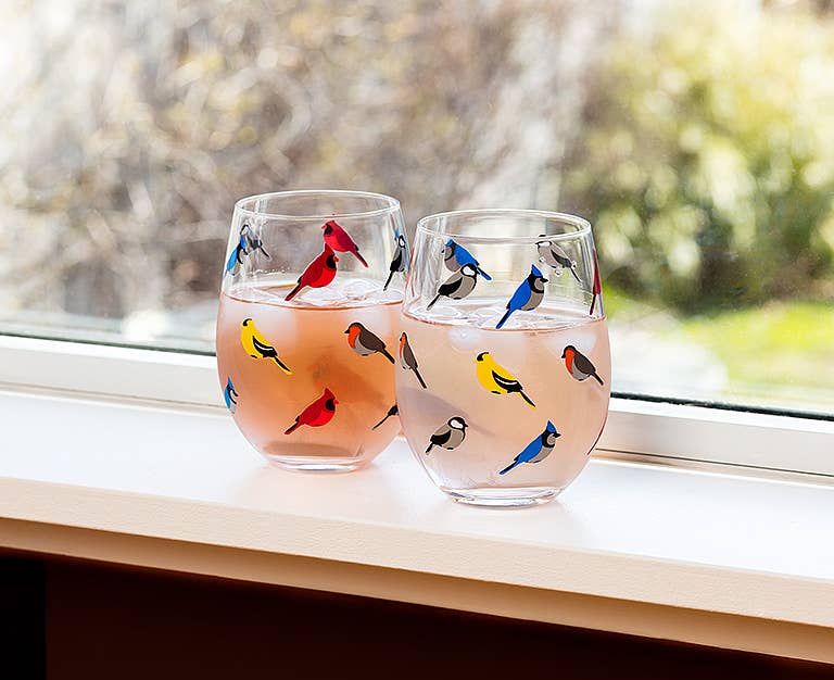 Multi Bird Stemless Wine Glass by Abbott placed on a window sill, displaying a charming assortment of colorful birds against a natural backdrop.