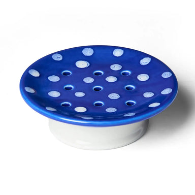 Swedish Dream Mushroom Ceramic Soap Dish by Kalastyle Soap Co. featuring a whimsical design with blue background and white polka dots, perfect for unique bathroom decor.