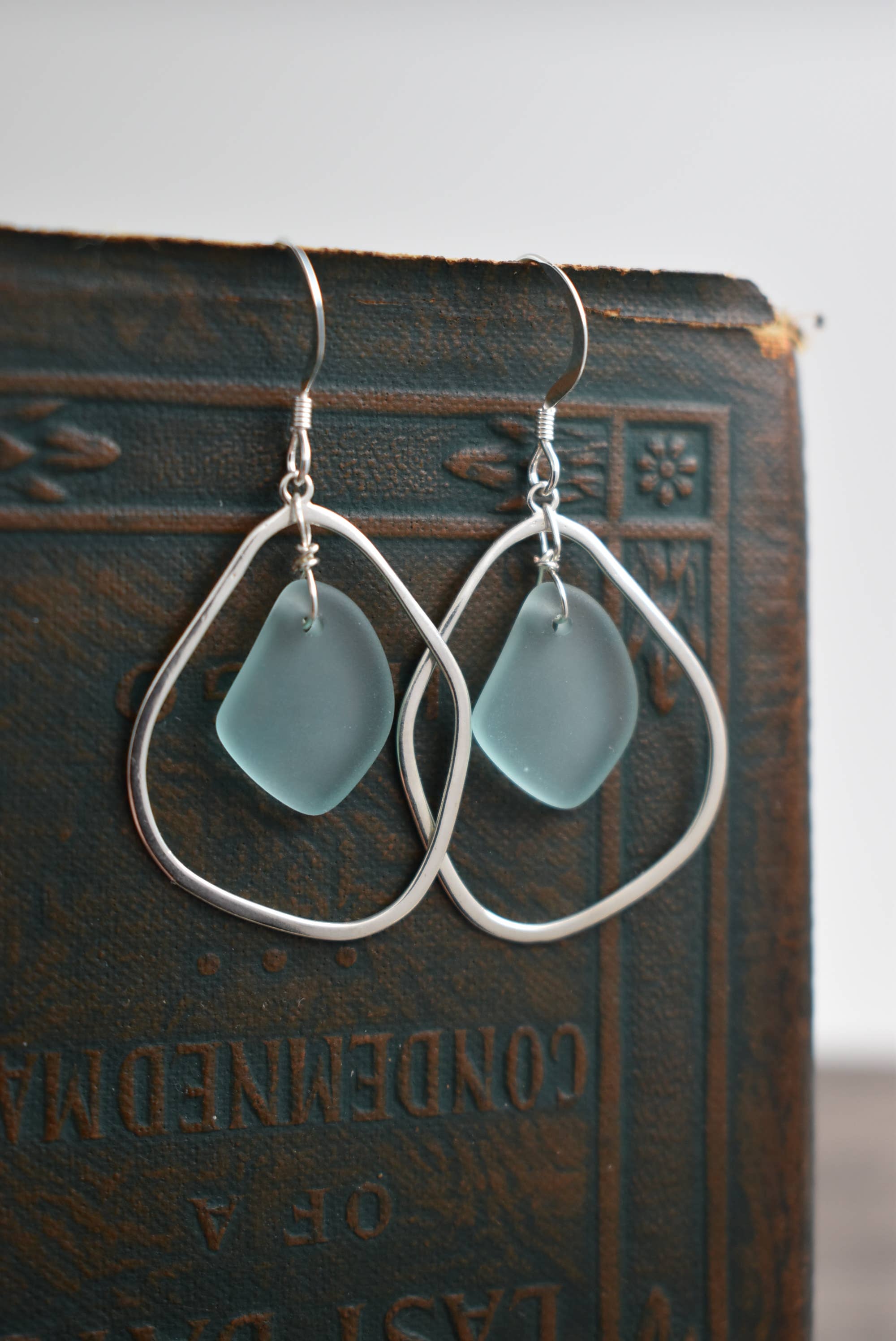 silver hoop with sea glass drop earrings