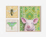 Three framed fine art prints showcasing a pig, bee, and moth with vintage floral backgrounds, created by Emily Uchytil. Pig - Fine Art Print - Farm Animal Illustration.