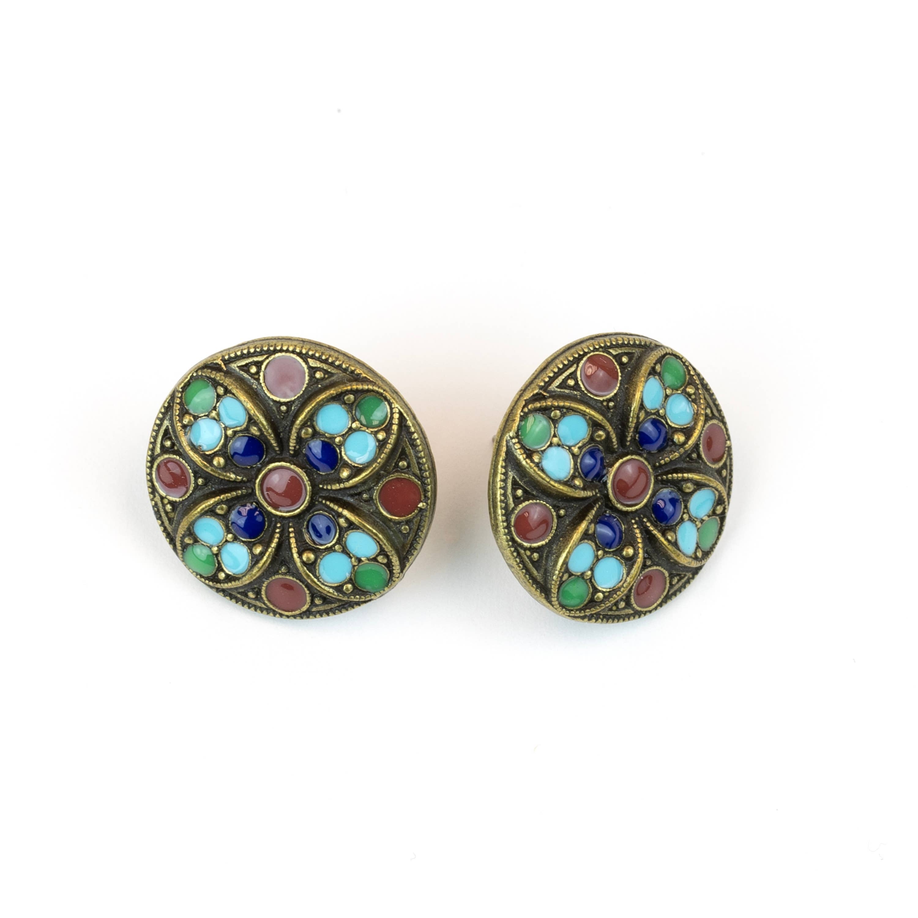 Pair of decorative post earrings with colorful gemstones