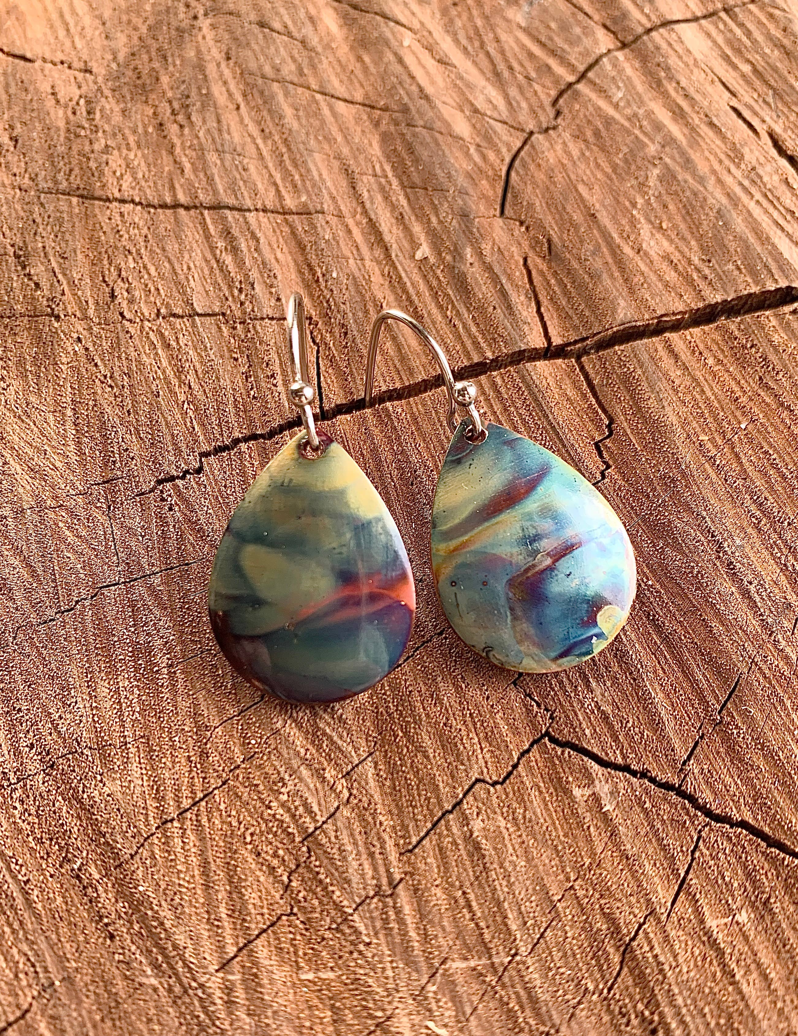 Small Teardrop Fire Painted Copper Earrings