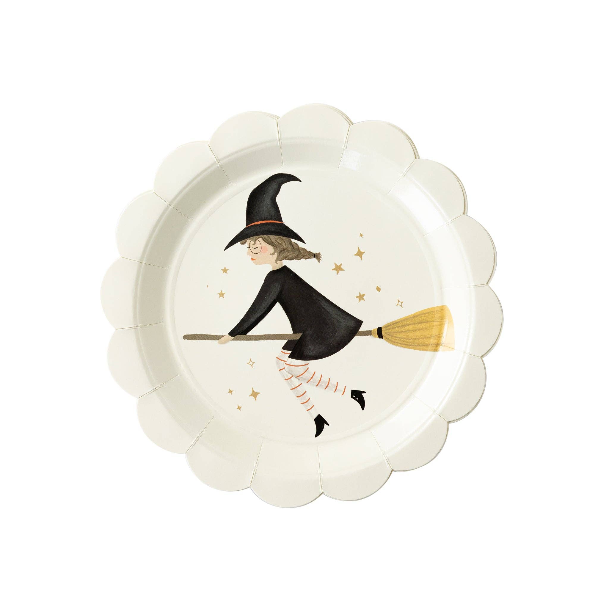 scalloped paper plate with flying witch on a broom