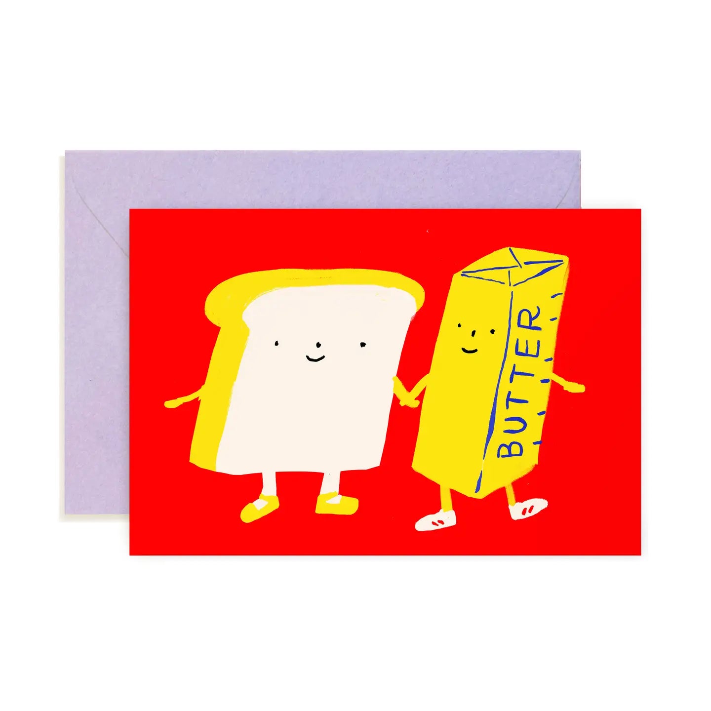 Charming illustration of bread and butter characters holding hands on mini note card from Karen Schipper Mini Note Card Collection, featuring a bright red background.