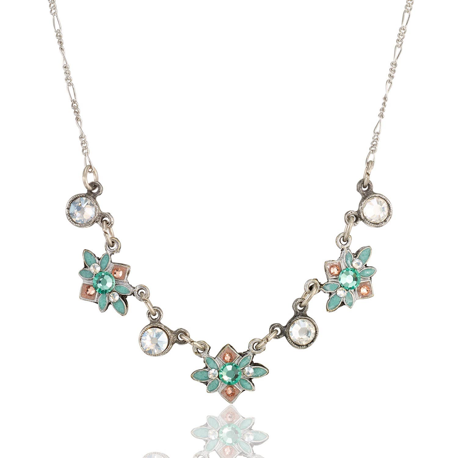 Moonlight Trellis Peach & Green Flowering Crystal Necklace by Anne Koplik Designs featuring pastel peach and green floral patterns with sparkling crystal accents on an antique silver-plated chain.