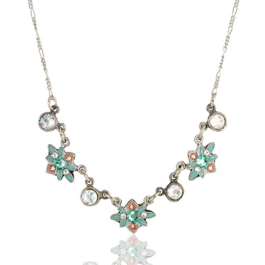 Moonlight Trellis Peach & Green Flowering Crystal Necklace by Anne Koplik Designs featuring pastel peach and green floral patterns with sparkling crystal accents on an antique silver-plated chain.