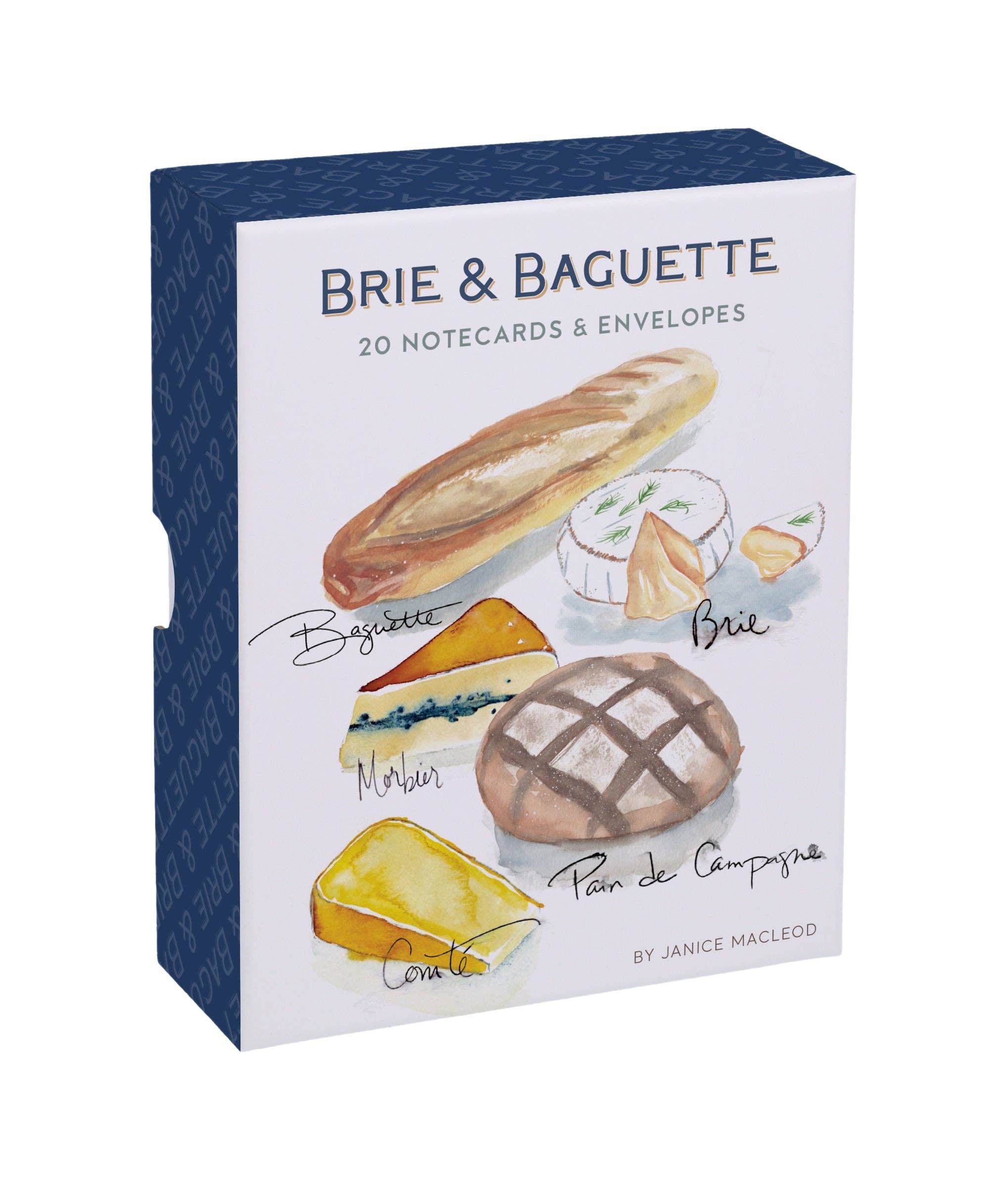 Brie & Baguette Notes boxed set from Chronicle Books, featuring watercolor illustrations of French bakery items including baguettes and brie cheese.