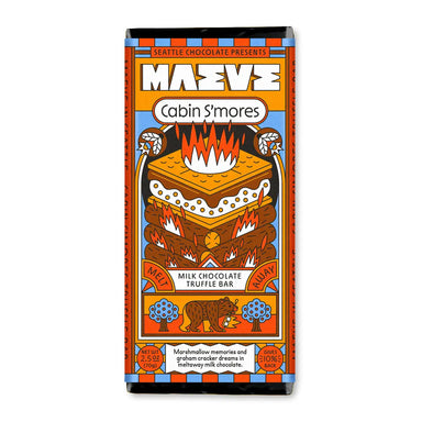 Seattle Chocolates Maeve Truffle Bars - Assorted Flavors showcasing the fun and eco-conscious brand with delicious Cabin S'mores flavor in meltaway milk chocolate.