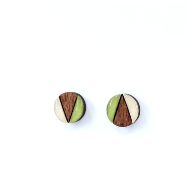 Close-up of Color block mini circle titanium earrings - Matcha and Cream made with Japanese Washi paper and UV-cured resin for a modern aesthetic.