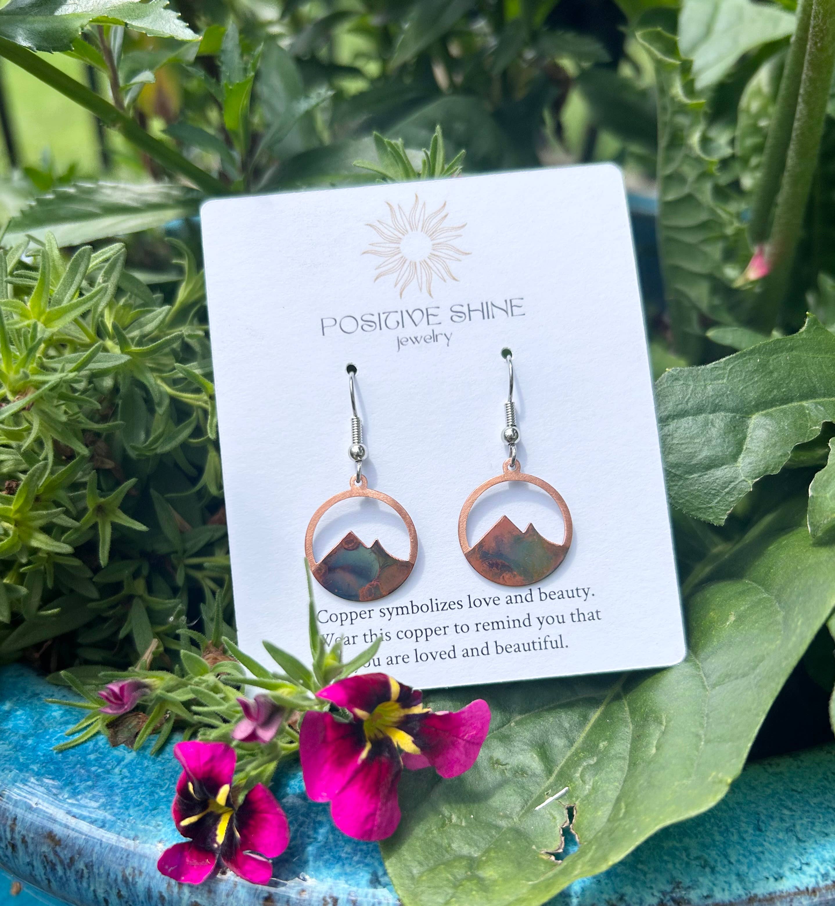 Detailed view of Mountain Earrings, showcasing vibrant colors and unique copper texture, ideal for every day wear.