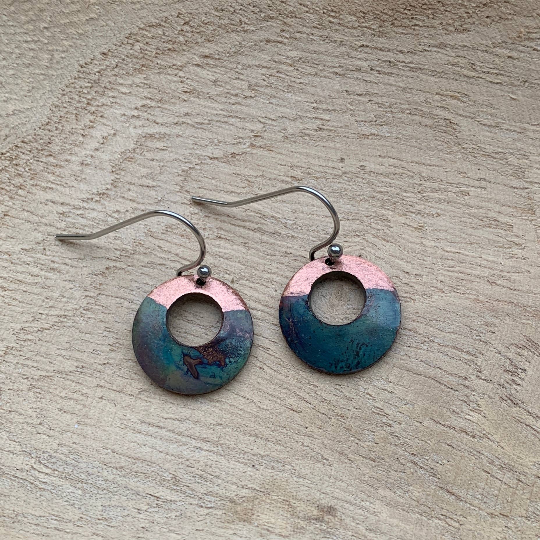 Small circle fire painted copper earrings