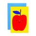 Playful red apple illustration against a bright yellow background, created by Karen Schipper, part of the Mini Note Card Collection.
