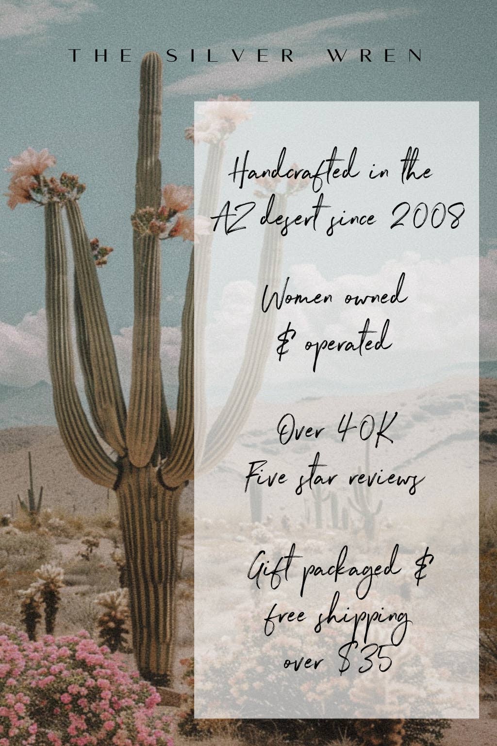 Promotional image for The Silver Wren, highlighting handcrafted jewelry made in the AZ desert, featuring women-owned business values.