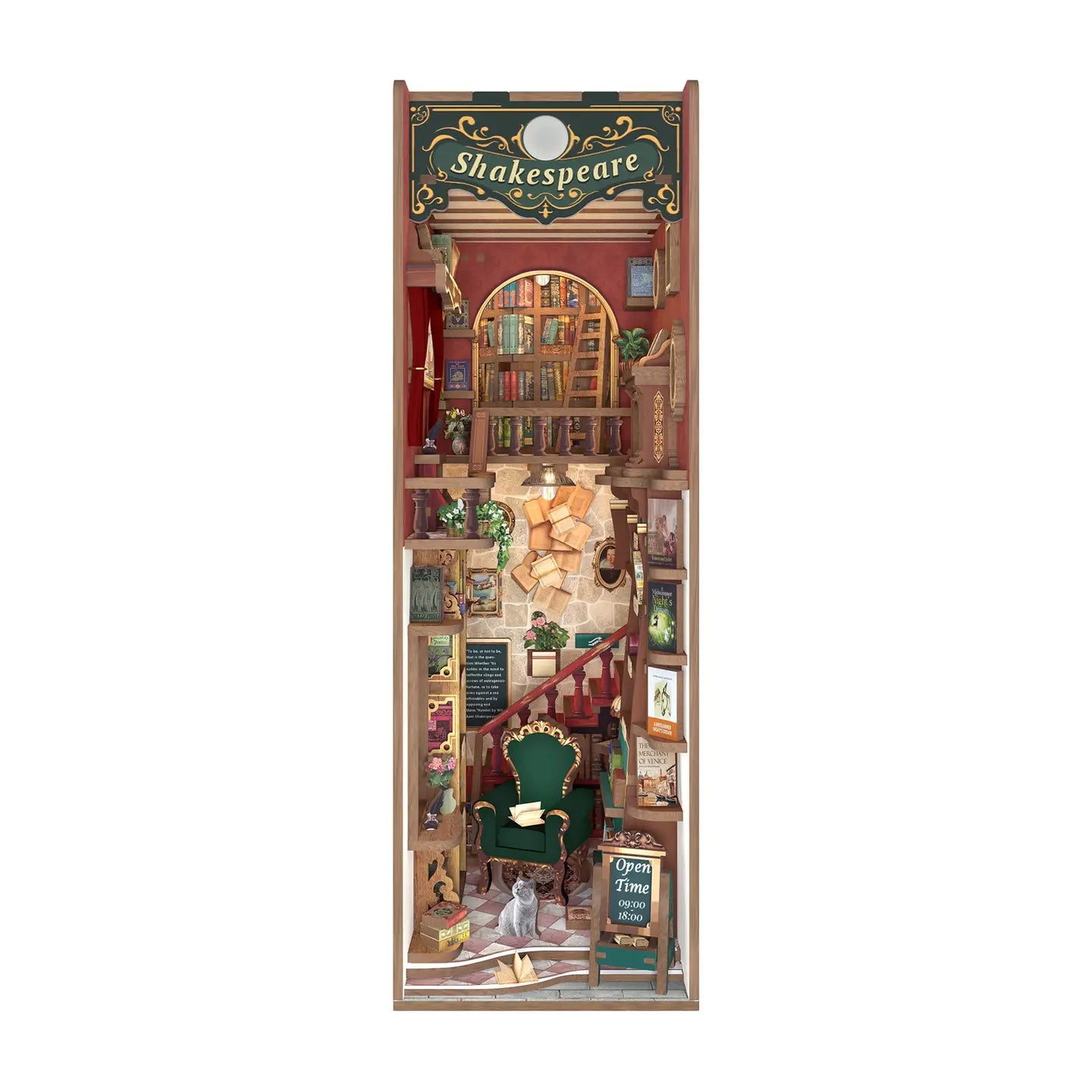 Shakespeare miniature model by Hands Craft, featuring a cozy library setting with a staircase and vintage decor, designed for DIY Miniature Book Nooks.