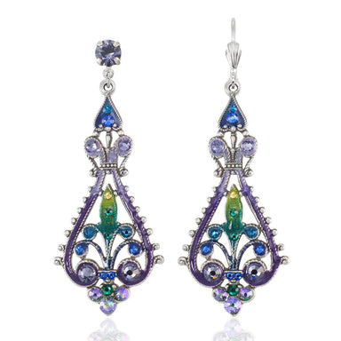 Pair of antiqued drop earrings with purple and green gemstones 
