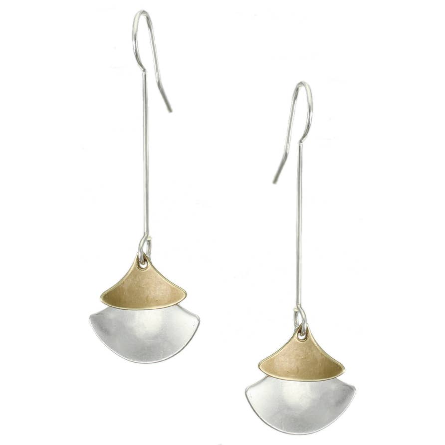 Extended Layered Rounded Triangles Drop Wire Earring by Marjorie Baer, featuring a design with stacked brass and silver triangles on a delicate wire.