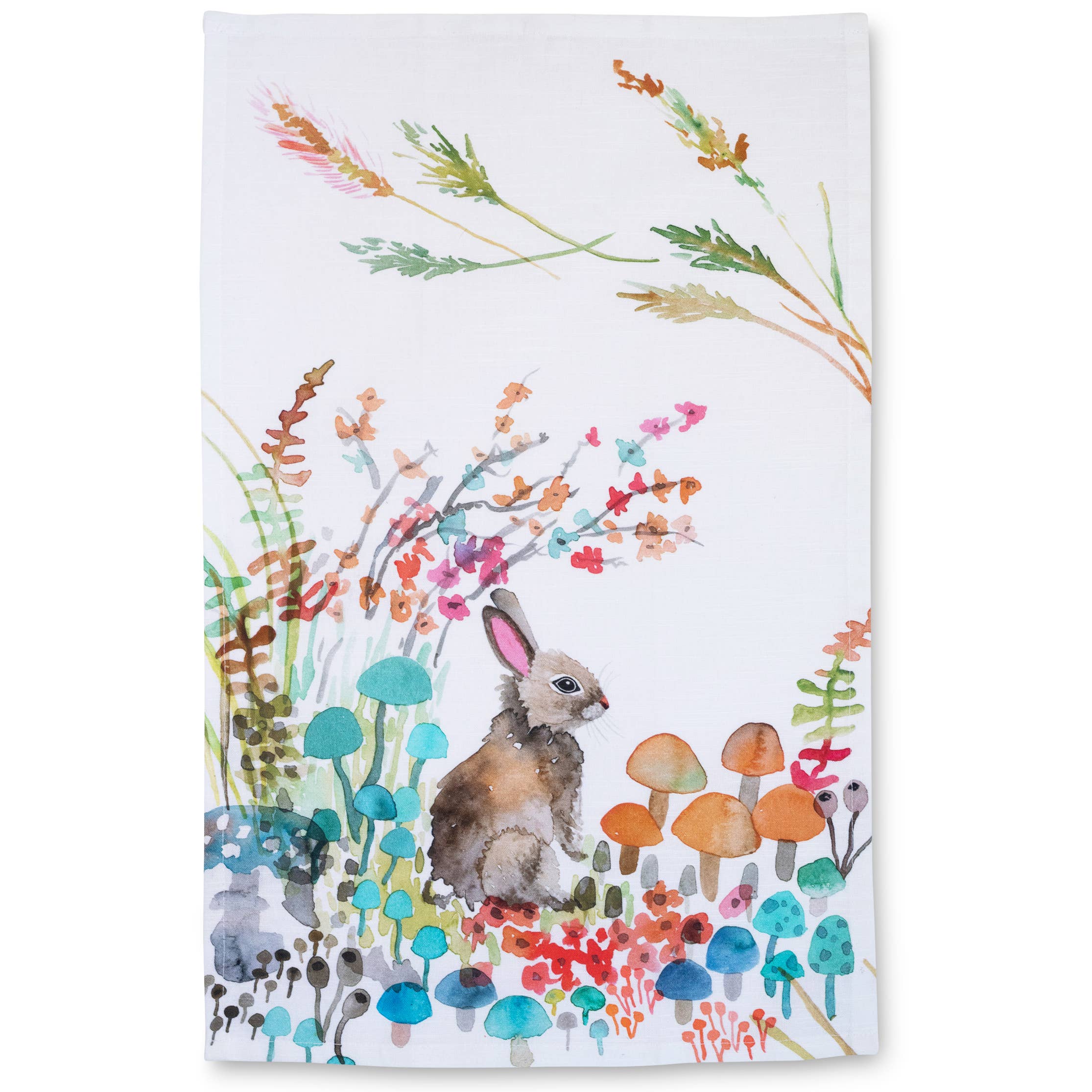 rabbit and mushroom watercolor tea towel