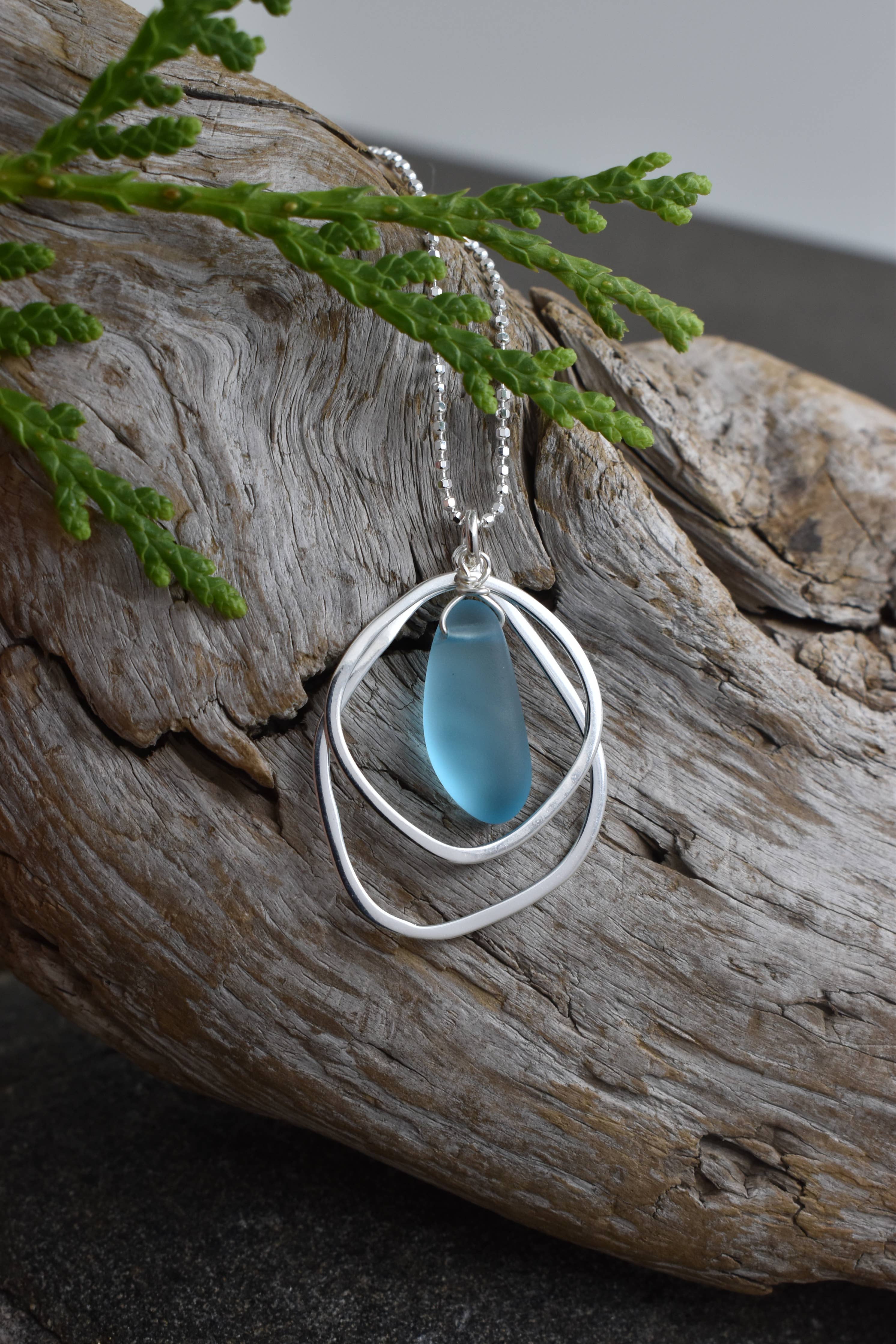 Organic double layer silver + glass pendant: 18 inch / AQUA