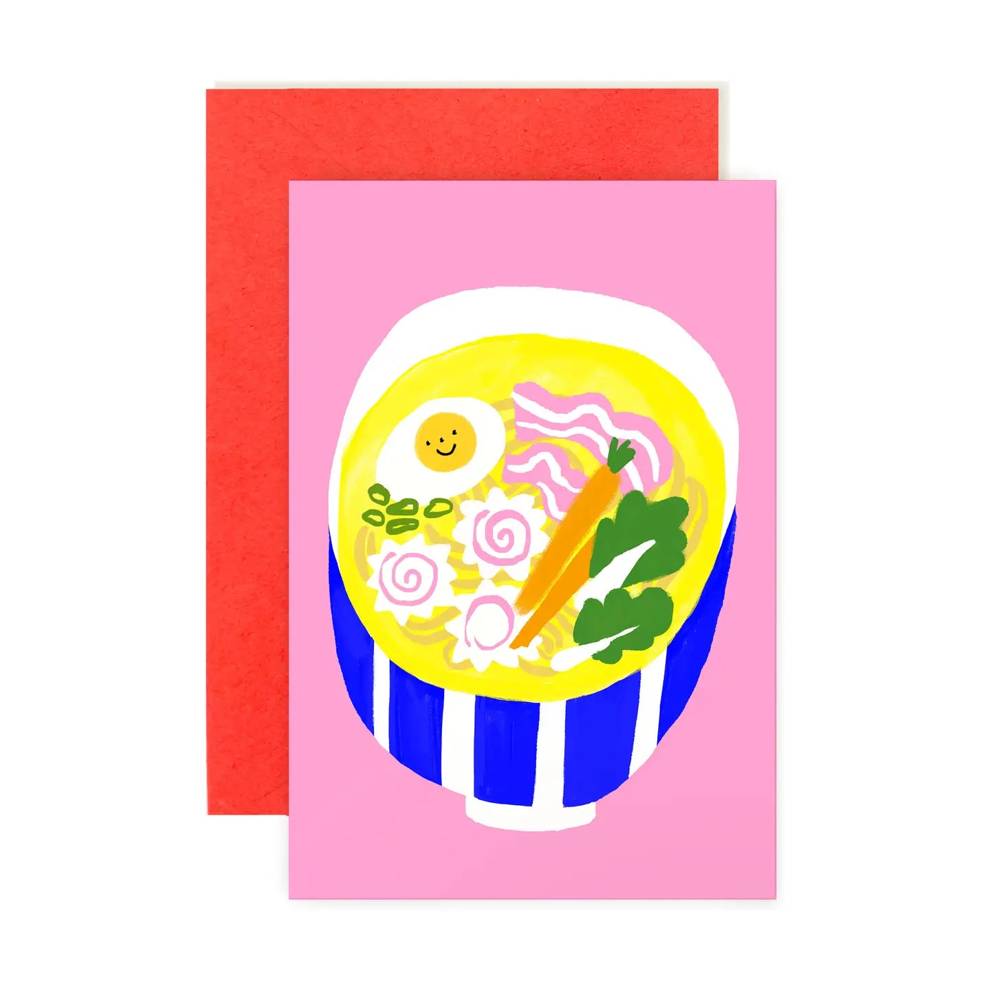 Delightful ramen bowl illustration on a pink mini note card accompanied by a red envelope from Karen Schipper Mini Note Card Collection.