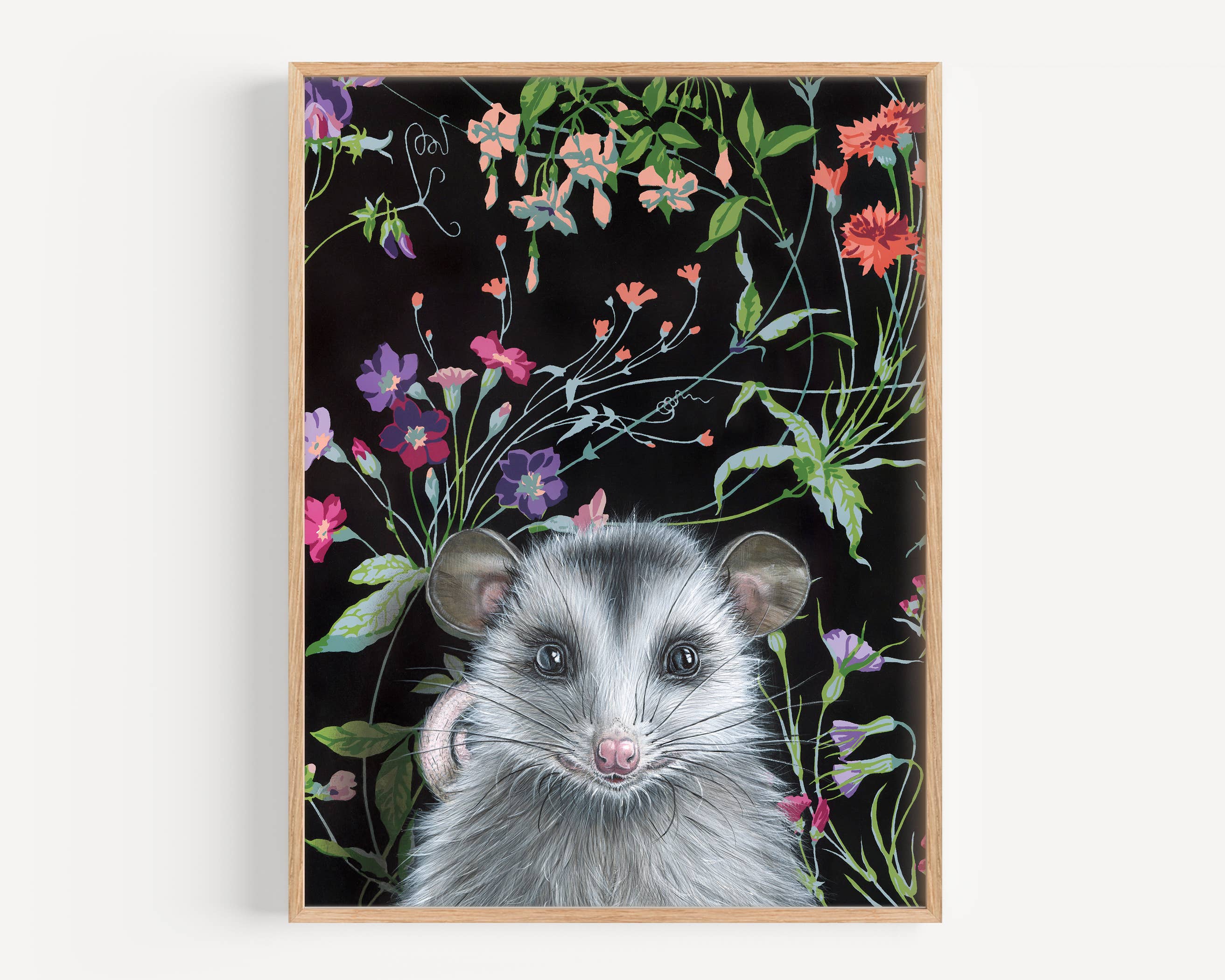 Opossum fine art print by Emily Uchytil featuring a detailed illustration of an opossum surrounded by colorful flowers on a dark background.