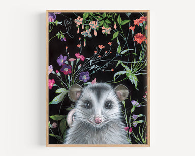 Opossum fine art print by Emily Uchytil featuring a detailed illustration of an opossum surrounded by colorful flowers on a dark background.