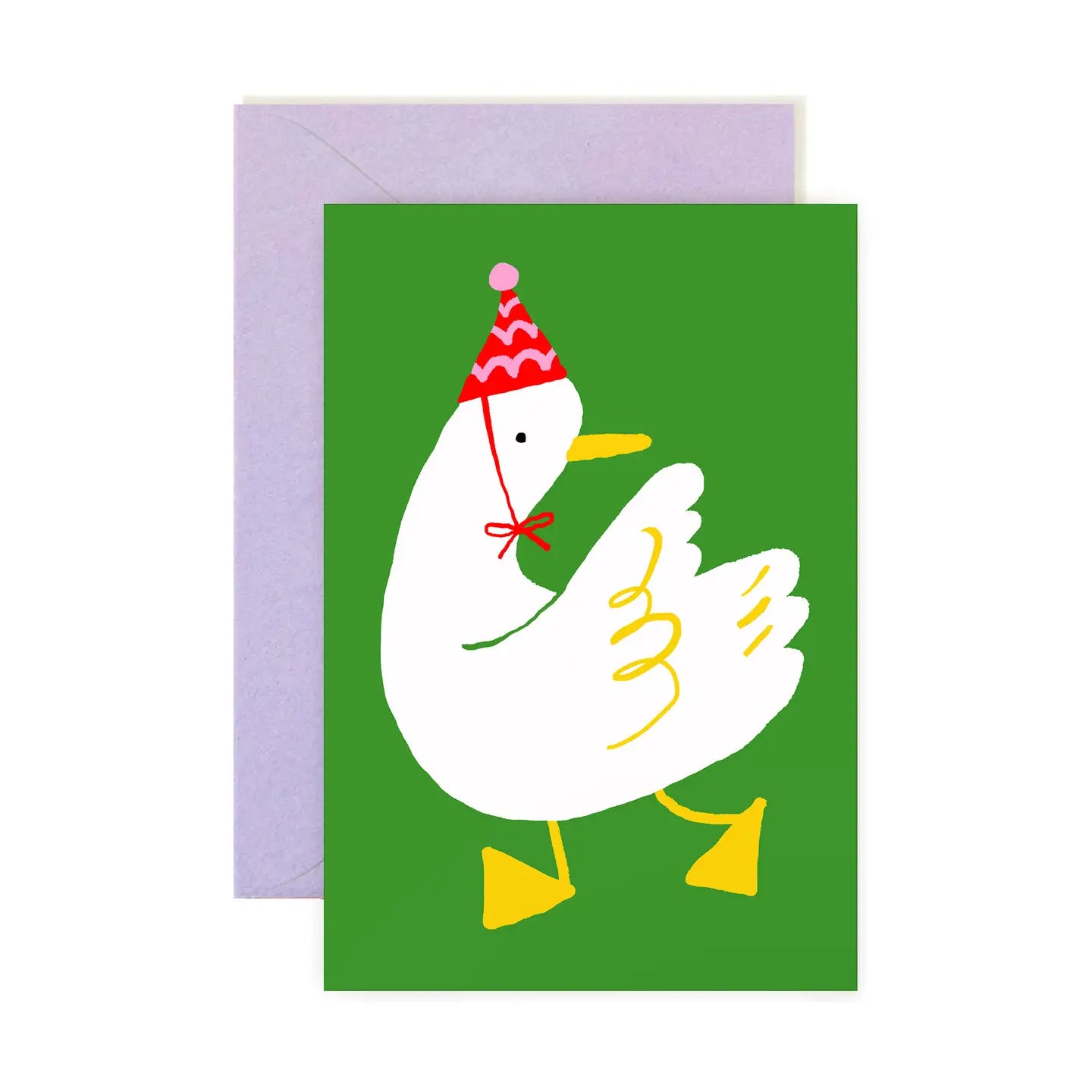 Charming duck illustration in a party hat on a green mini note card with a lavender envelope from Karen Schipper Mini Note Card Collection.