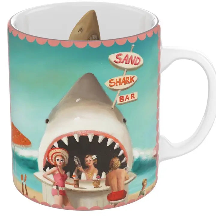 Woman standing at a sand shark bar coffee mug