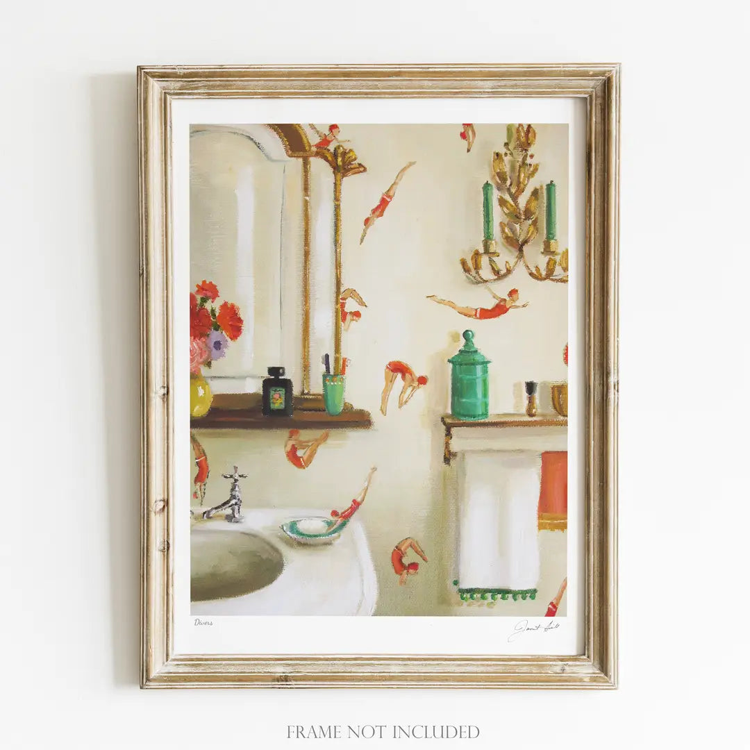 A quirky Divers Art Print by Janet Hill Studio, displaying colorful divers swimming through a vibrant underwater scene, perfect for your wall decor - guaranteed to make you smile, unless you're a fish!