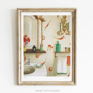 A quirky Divers Art Print by Janet Hill Studio, displaying colorful divers swimming through a vibrant underwater scene, perfect for your wall decor - guaranteed to make you smile, unless you're a fish!