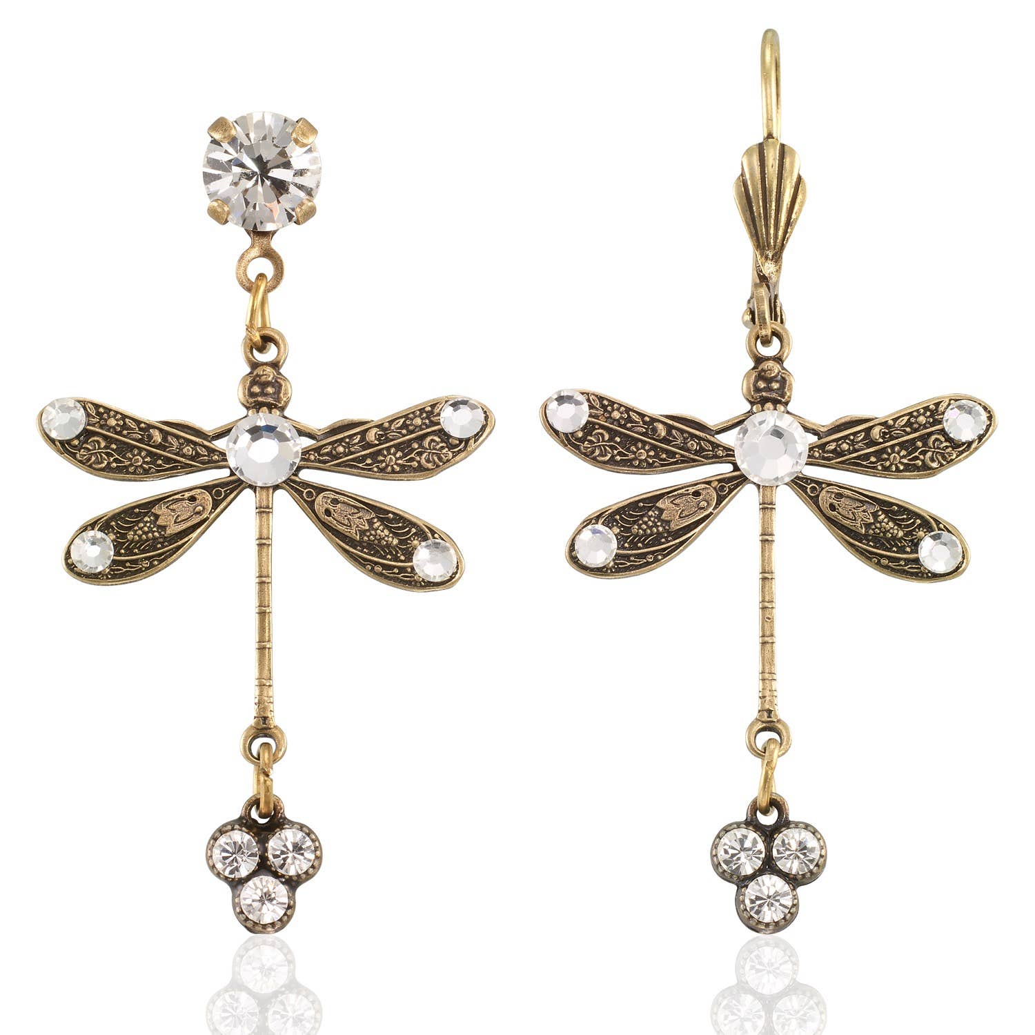 Spring Skimmer Fresh Crystal Drop Dragonfly Earring featuring vintage-inspired design with whimsical details, made of antiqued brass and sparkling crystals, perfect for adding a touch of spring elegance.