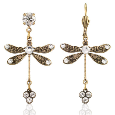 Spring Skimmer Fresh Crystal Drop Dragonfly Earring featuring vintage-inspired design with whimsical details, made of antiqued brass and sparkling crystals, perfect for adding a touch of spring elegance.