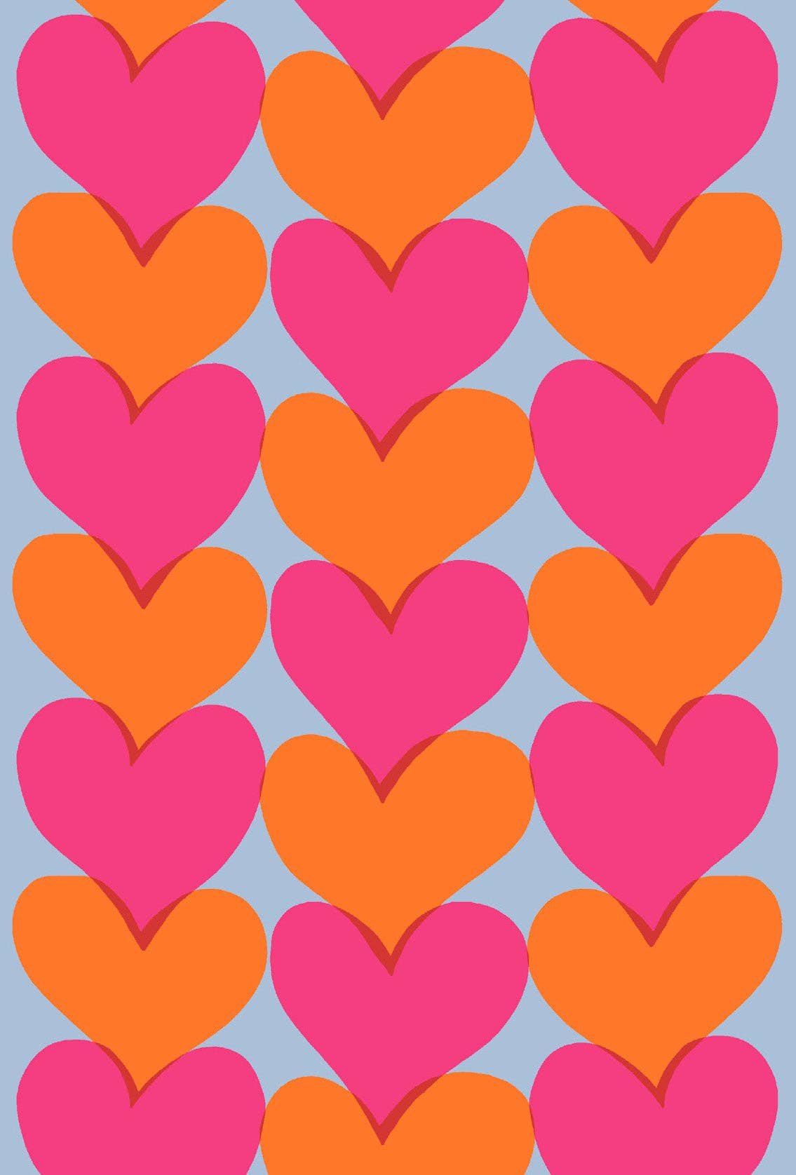 Playful hearts in pink and orange against a light blue background, included in the Art of Marimekko Postcard Box by Chronicle Books.
