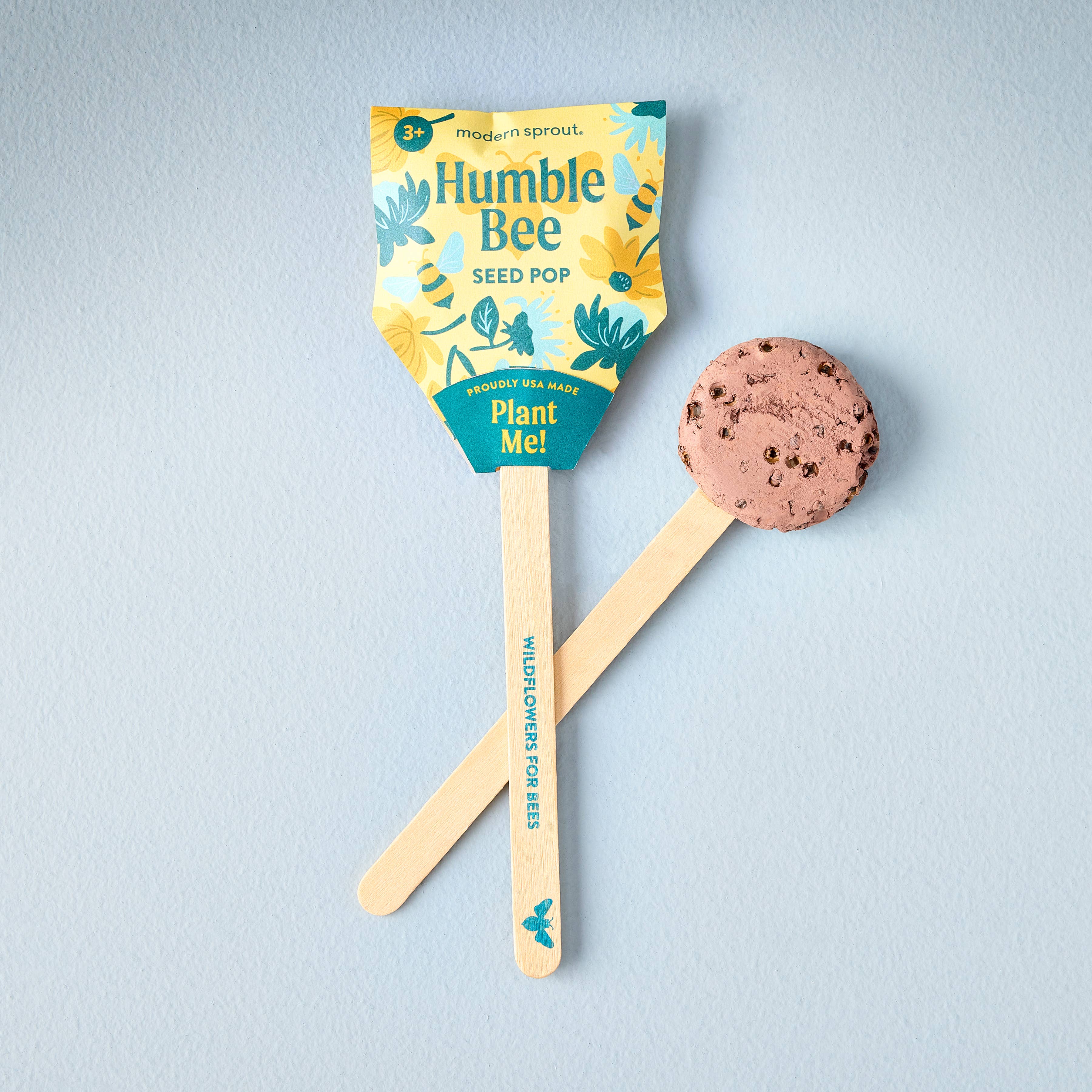 Humble Bee seed pop by Modern Sprout, featuring a colorful design with wildflower seeds, ready to plant into soil.
