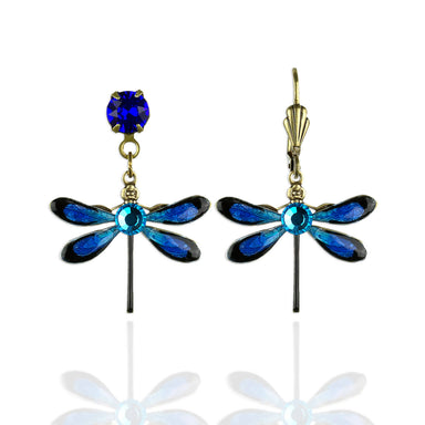 Blue dragonfly earrings with gold accents 