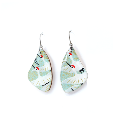 Crane Japanese titanium dangle earrings in green featuring unique Chiyogami paper design, perfect for sensitive ears and crafted with UV-cured resin.
