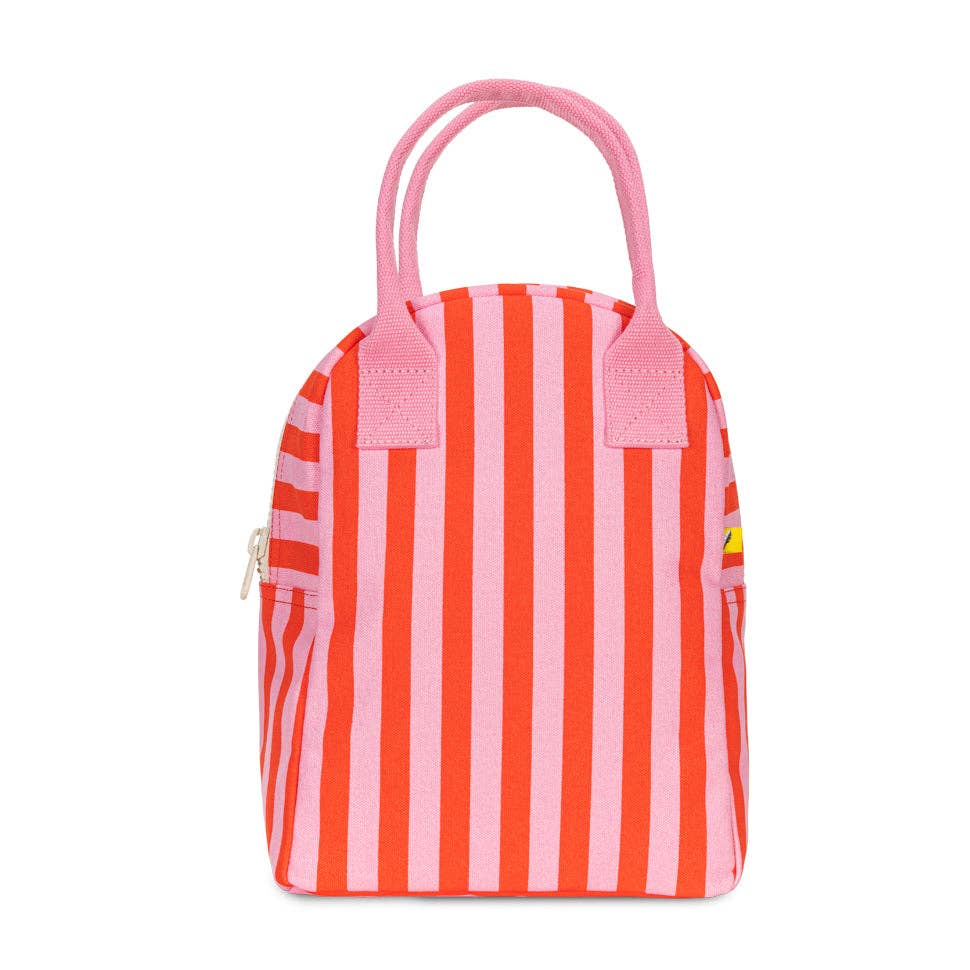Red and pink striped lunch bag with a handle 