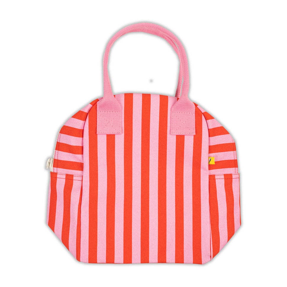 Pink and red striped lunch bag with a handle 