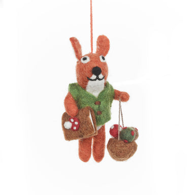 Felted fox ornament with a green vest and red scarf 