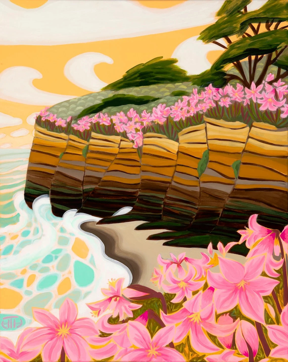 Ocean and lillies on a bluff art print