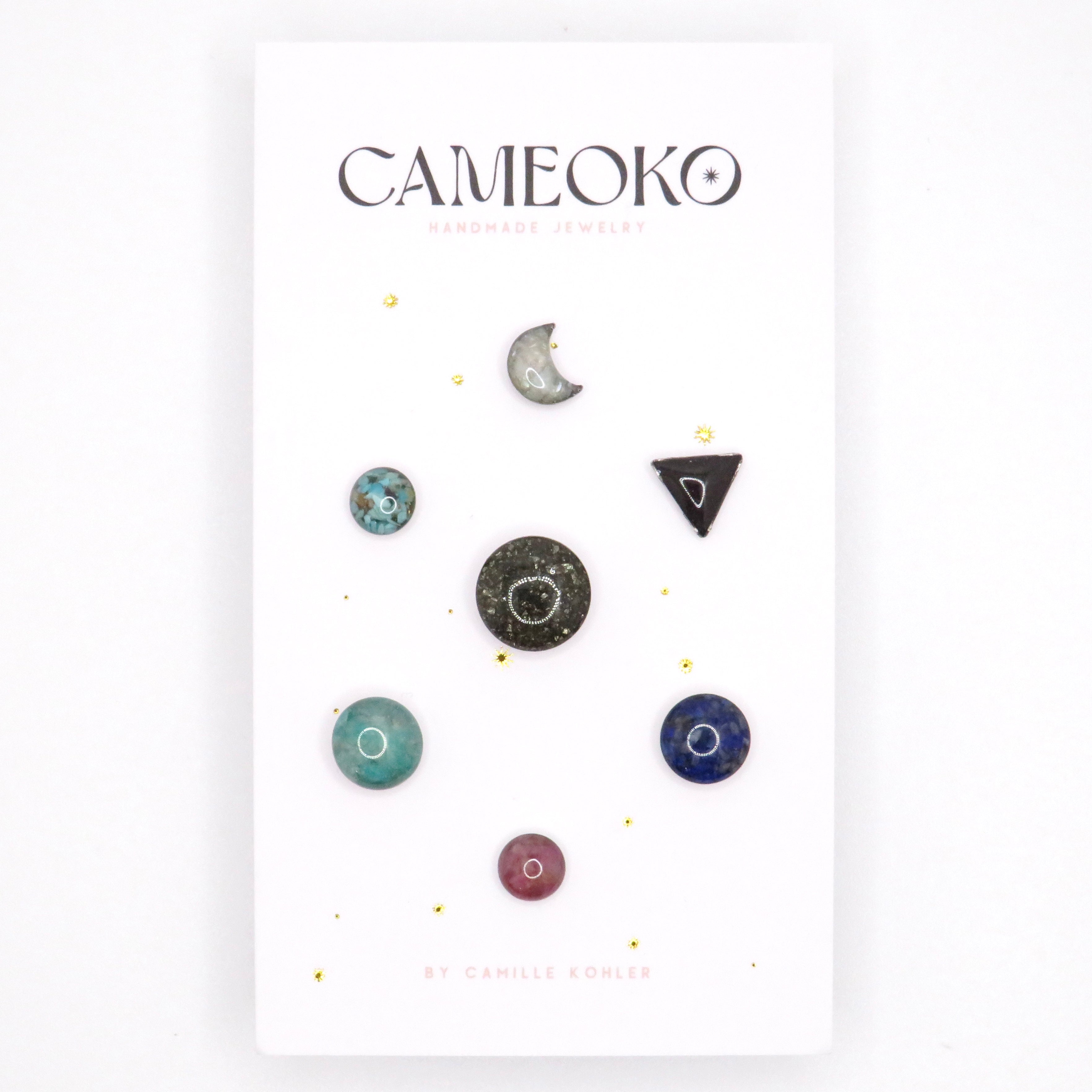 gemstone stud earrings moon, triangle and circle shapes