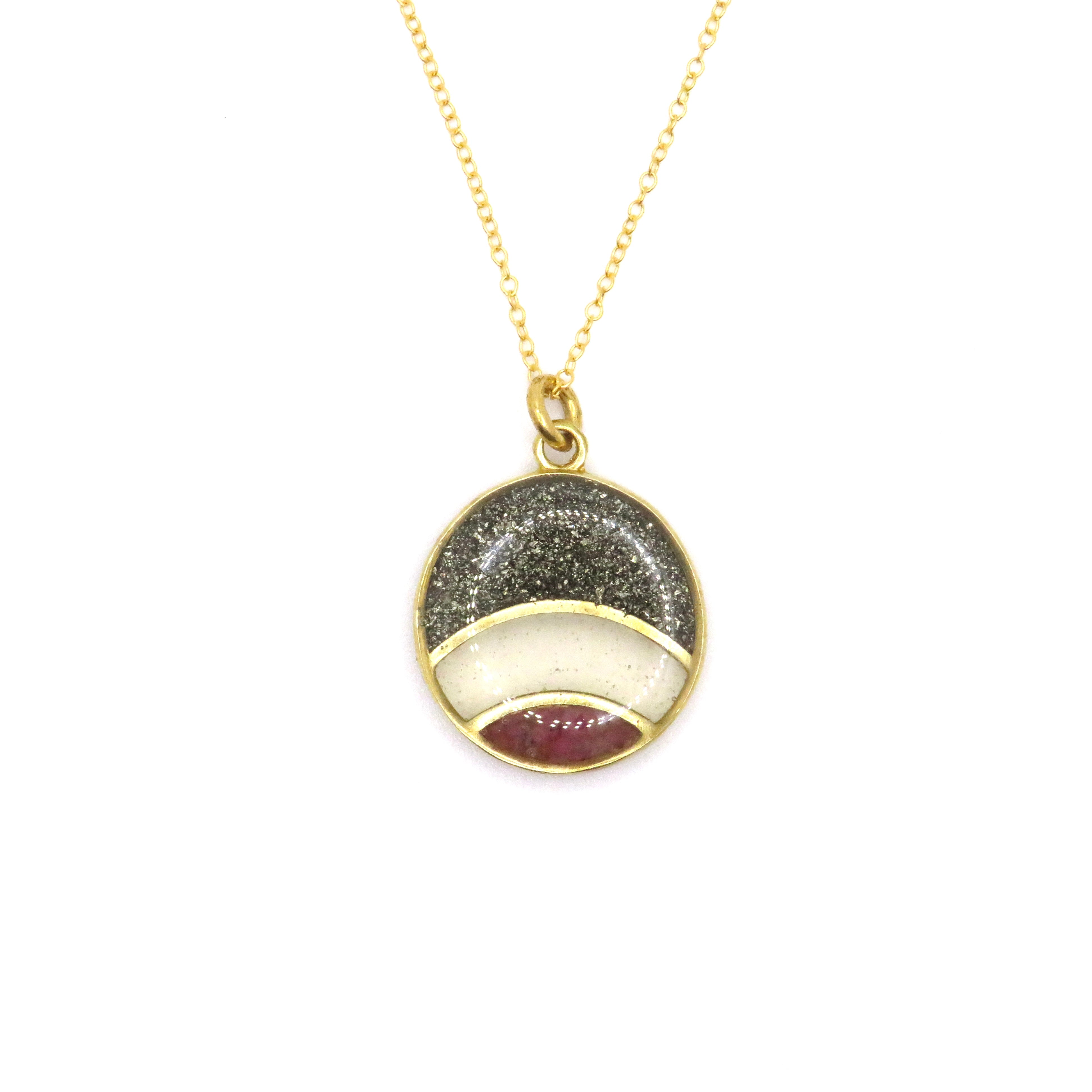 Gold rainbow pendant necklace with precious stones