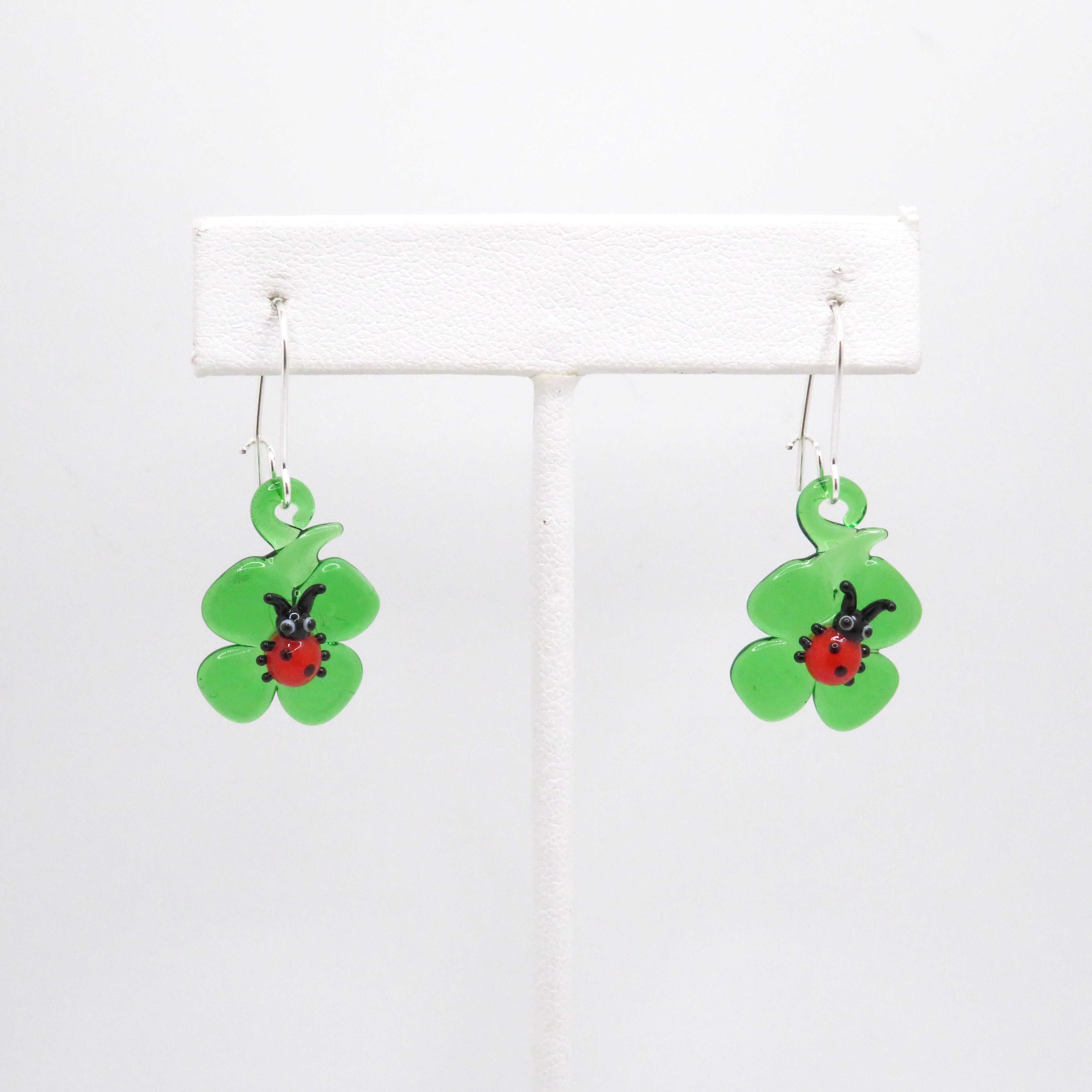 Miniature Glass Earrings | Ladybug on Lilypad