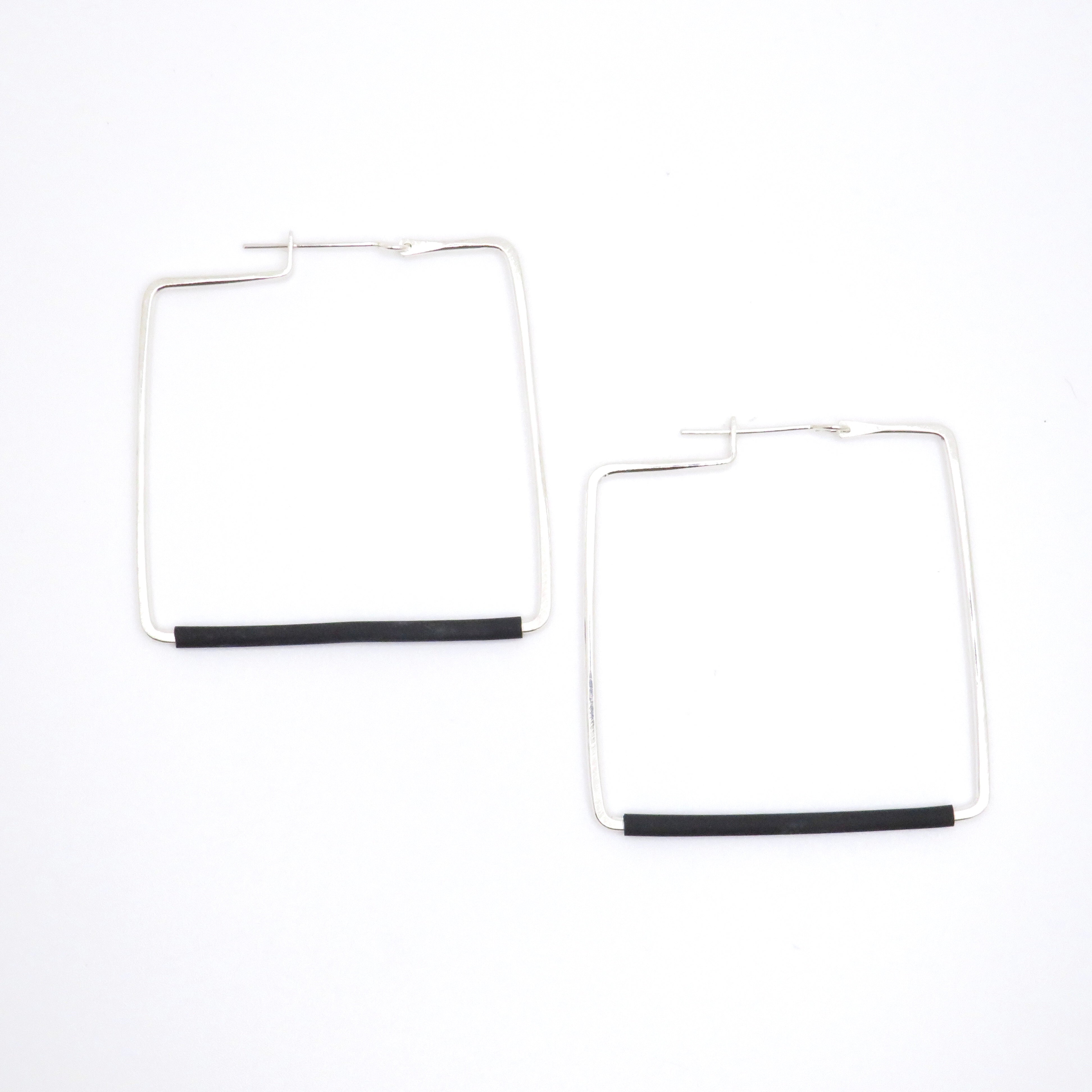 Silver square hoop earrings with black tube