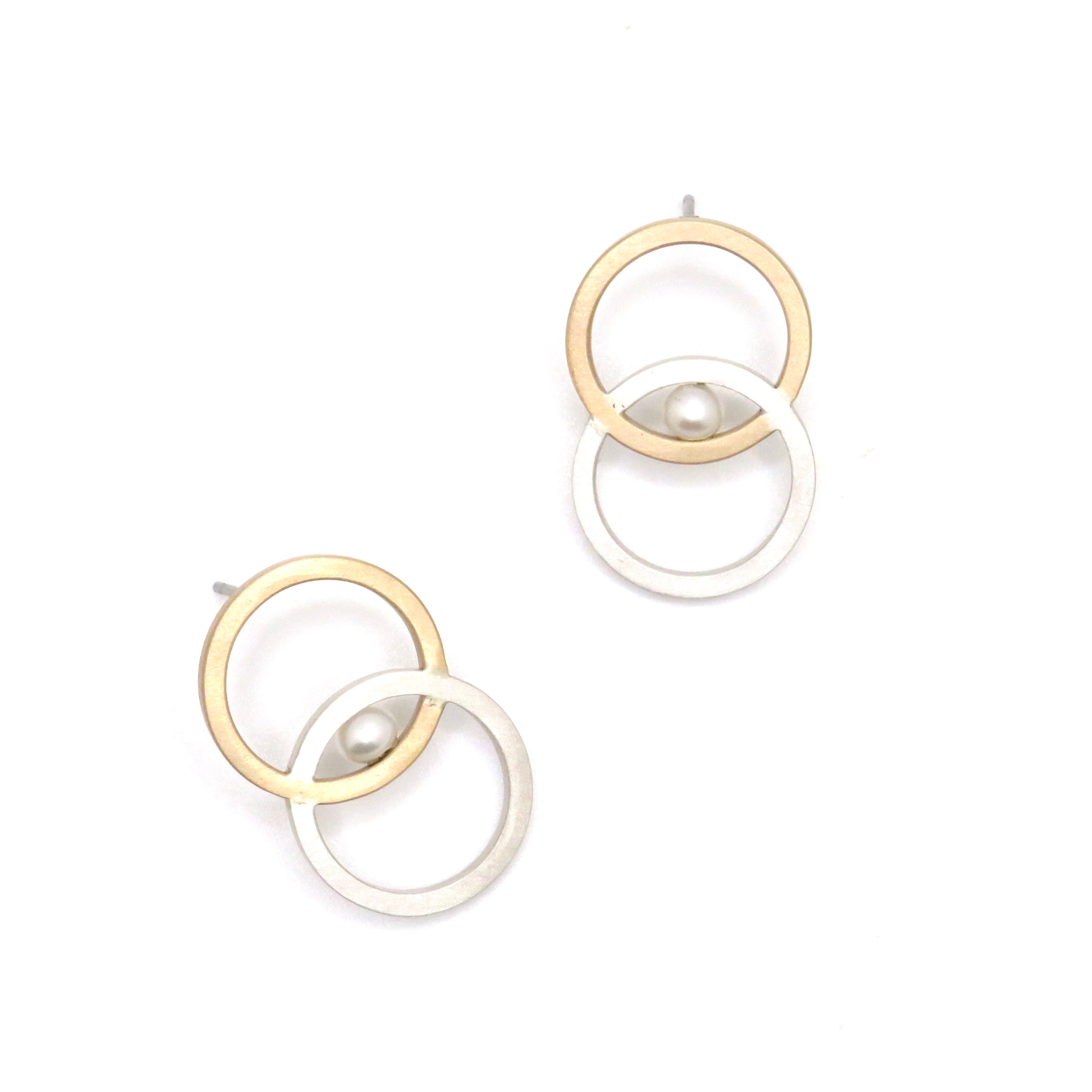 Brushed Sterling Silver, Gold Fill, and Pearl Rings Earrings